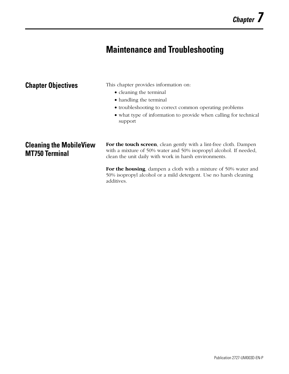 7 - maintenance and troubleshooting, Chapter objectives, Cleaning the mobileview mt750 terminal | Chapter 7, Maintenance and troubleshooting | Rockwell Automation 2727-M7P20D1P1, -M7P20D1Q2,-M7P20D1Q3 MobileView Machine Terminal MT750 User Manual | Page 93 / 108