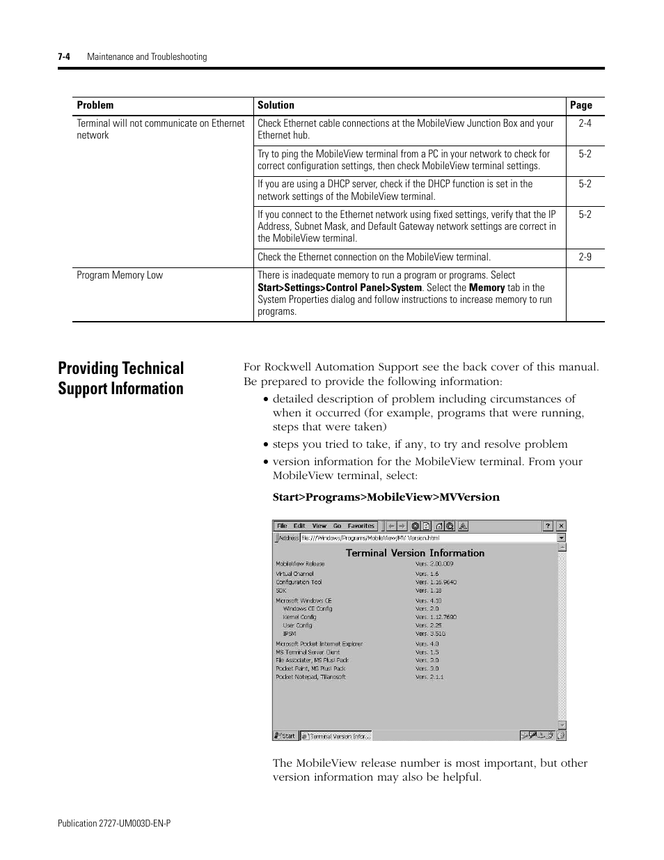 Providing technical support information, Providing technical support information -4 | Rockwell Automation 2727-M7P20D1P1, -M7P20D1Q2,-M7P20D1Q3 MobileView Machine Terminal MT750 User Manual | Page 96 / 108