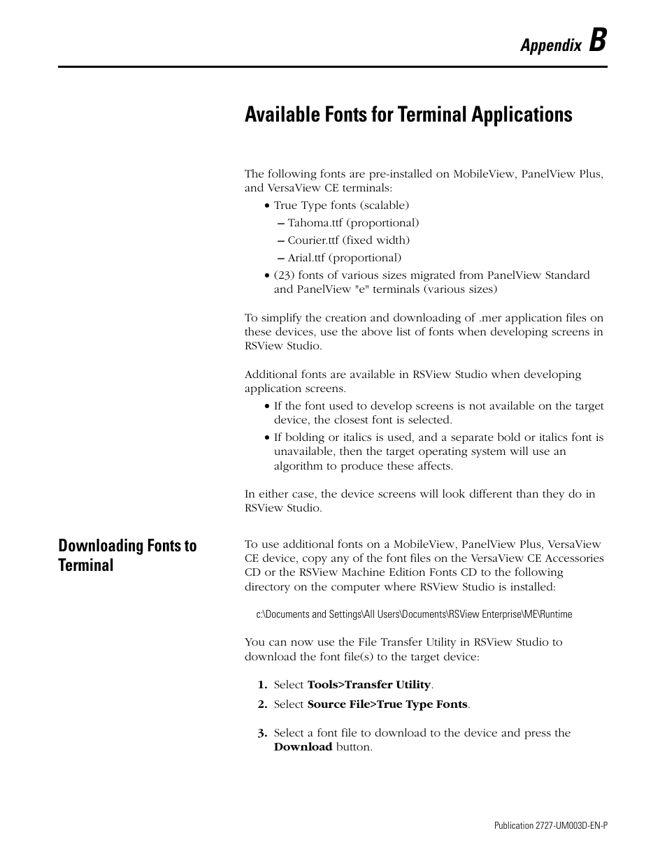 B - available fonts for terminal applications, Downloading fonts to terminal, Appendix b | Available fonts for terminal applications, Appendix | Rockwell Automation 2727-M7P20D1P1, -M7P20D1Q2,-M7P20D1Q3 MobileView Machine Terminal MT750 User Manual | Page 99 / 108