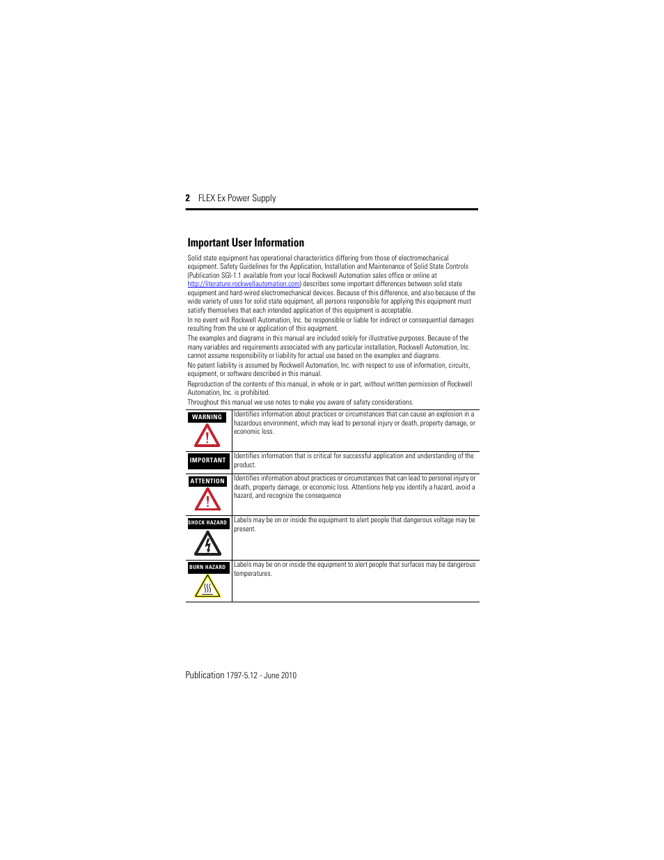 Important user information, 2 flex ex power supply publication | Rockwell Automation 1797-PS2N2 FLEX Ex Power Supply User Manual | Page 2 / 20