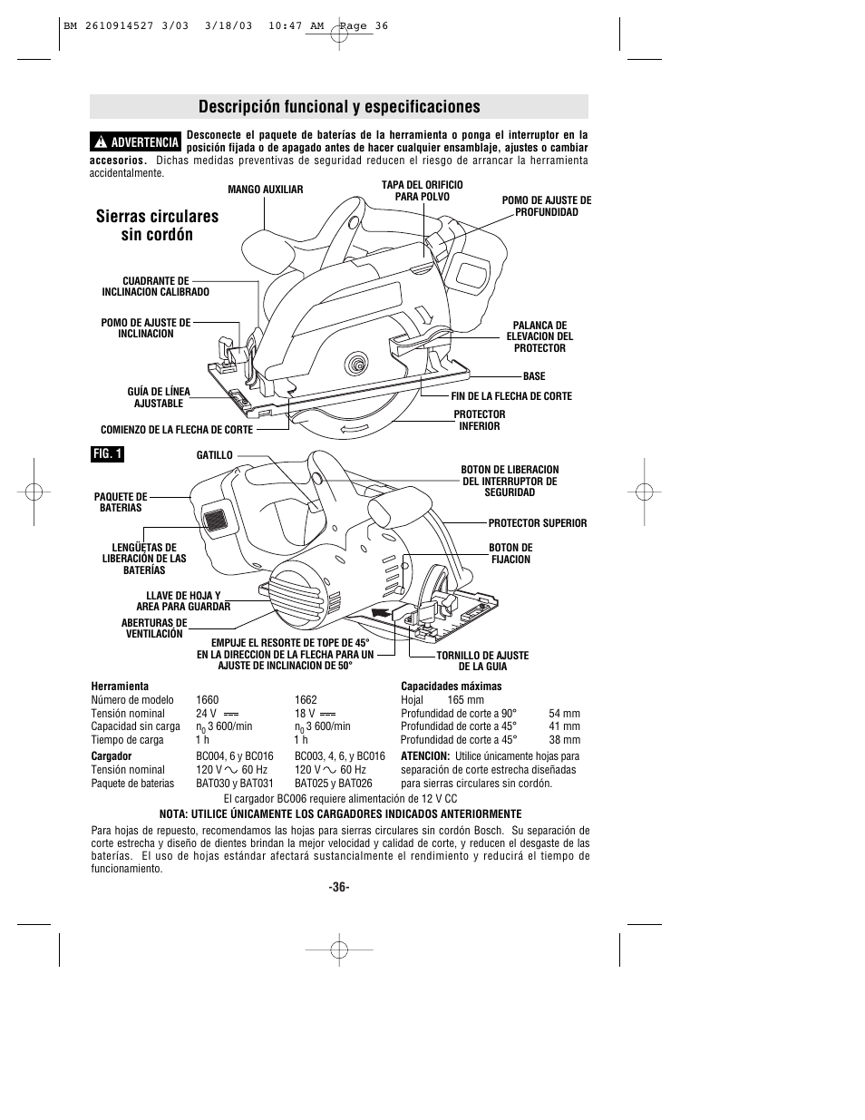 Descripción funcional y especificaciones, Sierras circulares sin cordón | Bosch 1662 User Manual | Page 36 / 44