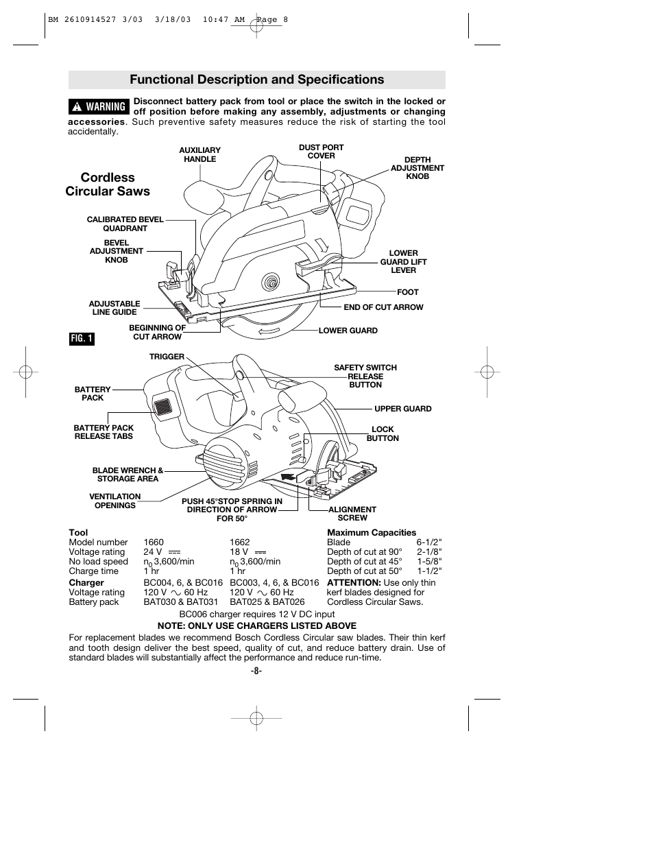 Functional description and specifications, Cordless circular saws | Bosch 1662 User Manual | Page 8 / 44