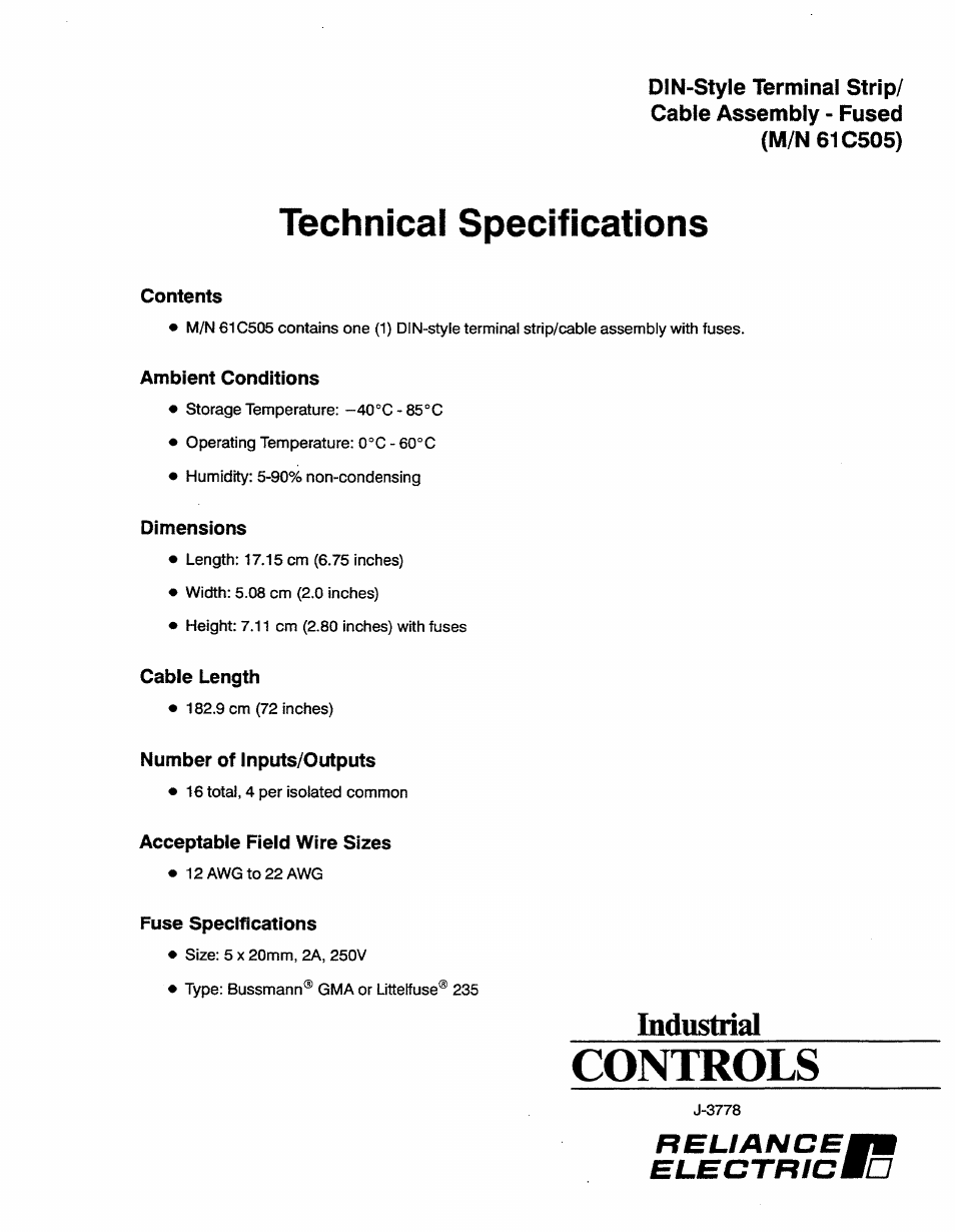 Rockwell Automation 61C505 Din-Style Terminal Strip/Cable Assembly-Fused User Manual | 2 pages