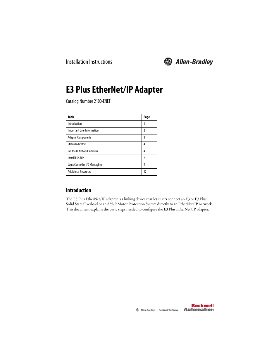 Rockwell Automation 2100-ENET E3 Plus EtherNet/IP Adapter User Manual | 12 pages