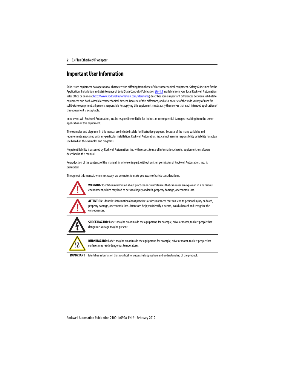 Important user information, Introduction | Rockwell Automation 2100-ENET E3 Plus EtherNet/IP Adapter User Manual | Page 2 / 12