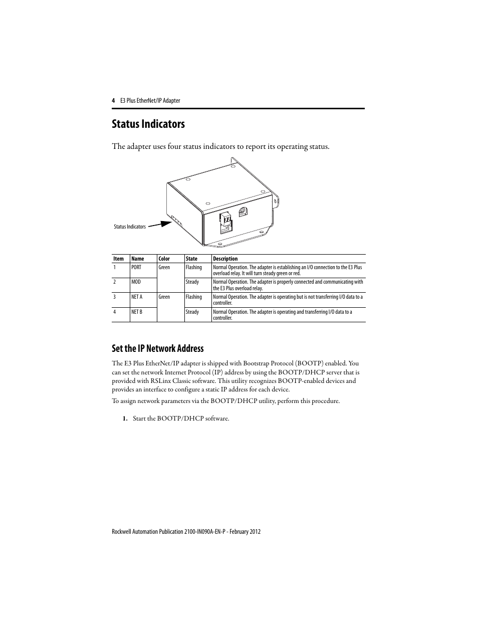 Status indicators, Set the ip network address, Adapter compon | Rockwell Automation 2100-ENET E3 Plus EtherNet/IP Adapter User Manual | Page 4 / 12
