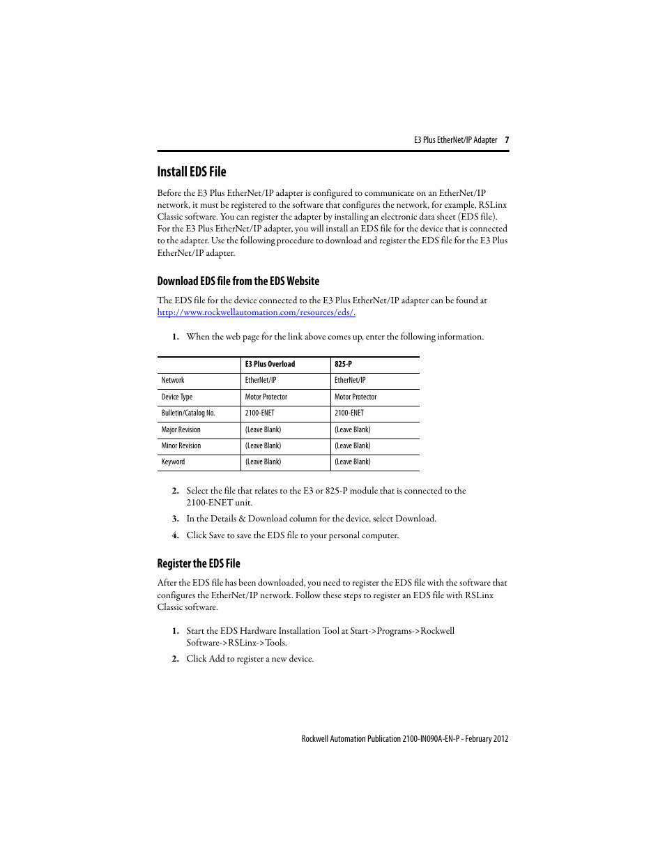 Install eds file, Download eds file from the eds website, Register the eds file | Rockwell Automation 2100-ENET E3 Plus EtherNet/IP Adapter User Manual | Page 7 / 12