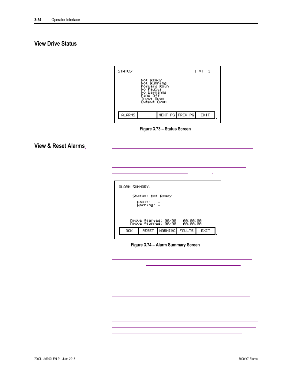 View drive status, View & reset alarms | Rockwell Automation 7000L PowerFlex Medium Voltage AC Drive (C Frame) - Classic Control User Manual | Page 176 / 563