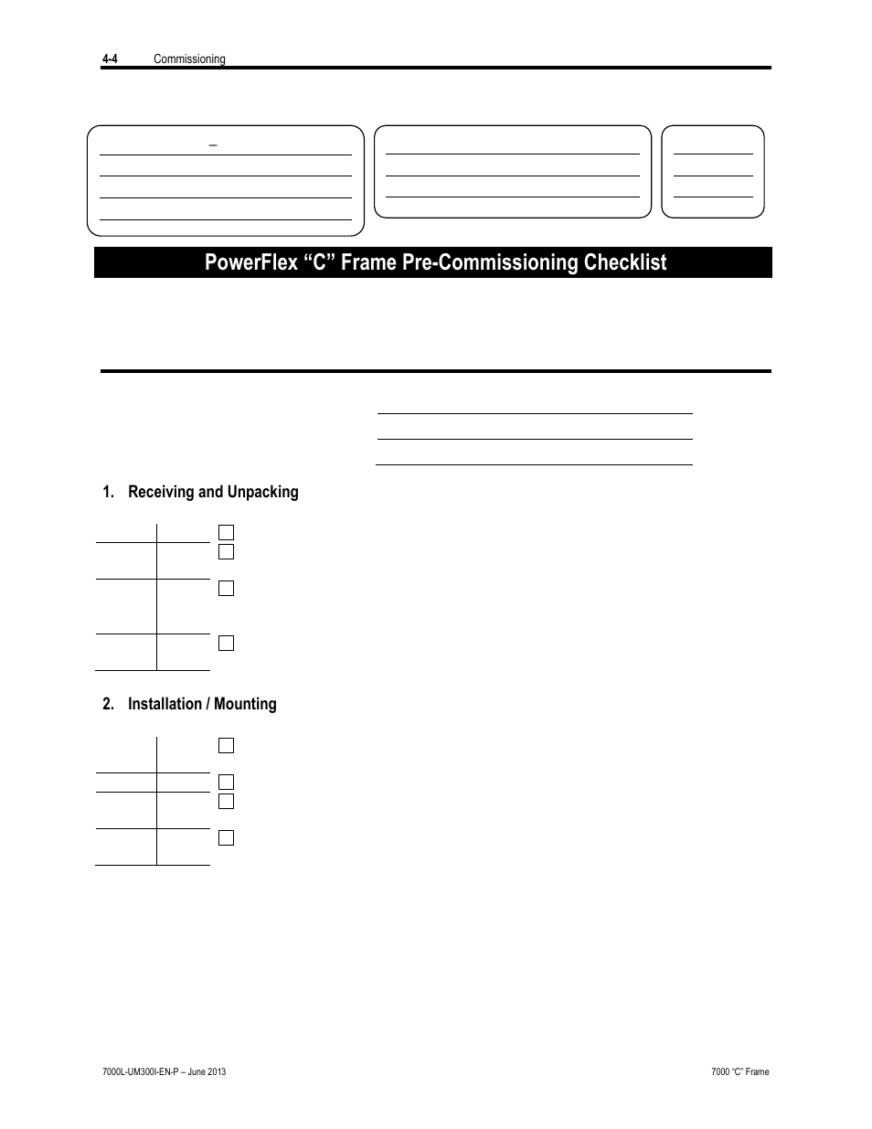 Powerflex “c” frame pre-commissioning checklist | Rockwell Automation 7000L PowerFlex Medium Voltage AC Drive (C Frame) - Classic Control User Manual | Page 209 / 563