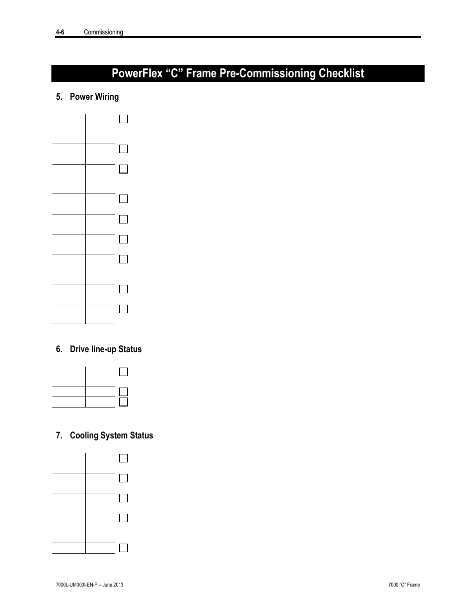 Powerflex “c” frame pre-commissioning checklist | Rockwell Automation 7000L PowerFlex Medium Voltage AC Drive (C Frame) - Classic Control User Manual | Page 211 / 563
