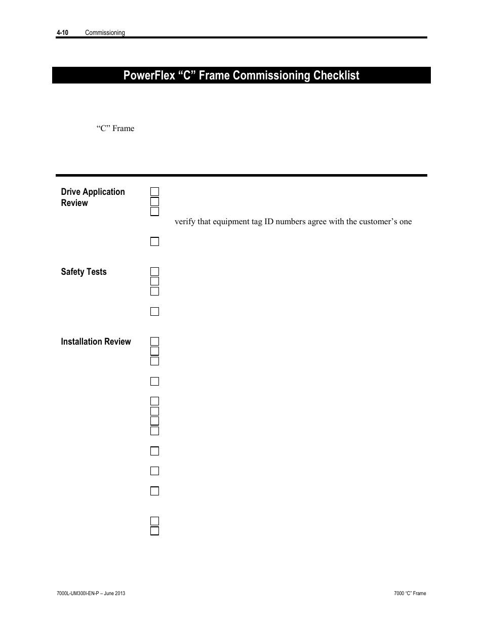 Powerflex “c” frame commissioning checklist | Rockwell Automation 7000L PowerFlex Medium Voltage AC Drive (C Frame) - Classic Control User Manual | Page 215 / 563