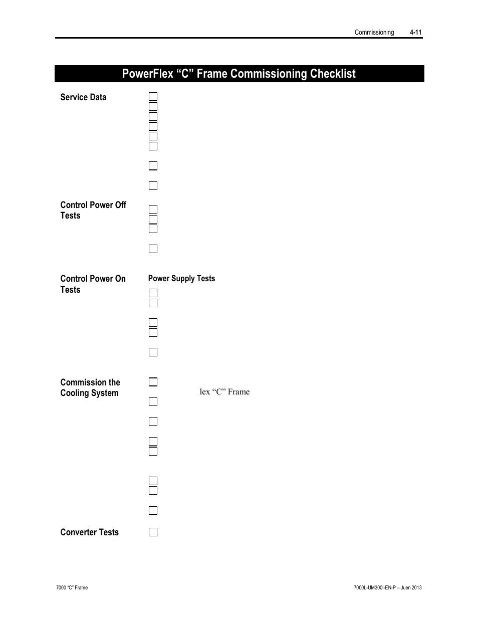 Powerflex “c” frame commissioning checklist | Rockwell Automation 7000L PowerFlex Medium Voltage AC Drive (C Frame) - Classic Control User Manual | Page 216 / 563