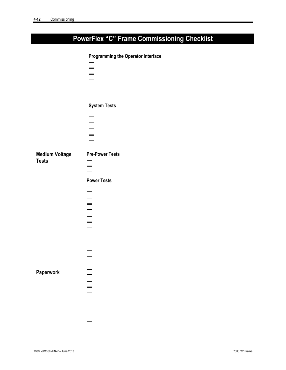 Powerflex “c” frame commissioning checklist | Rockwell Automation 7000L PowerFlex Medium Voltage AC Drive (C Frame) - Classic Control User Manual | Page 217 / 563