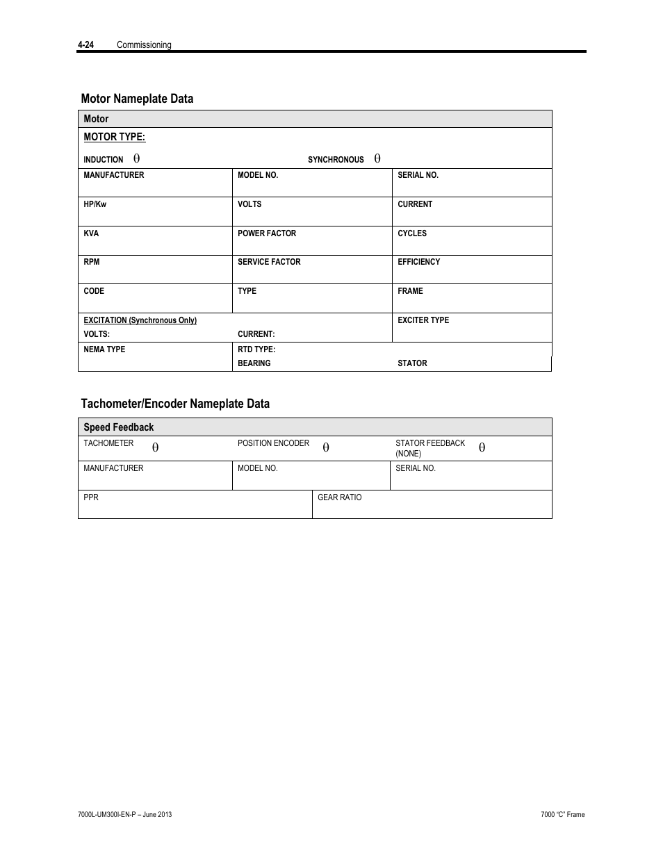 Motor nameplate data, Tachometer/encoder nameplate data | Rockwell Automation 7000L PowerFlex Medium Voltage AC Drive (C Frame) - Classic Control User Manual | Page 229 / 563