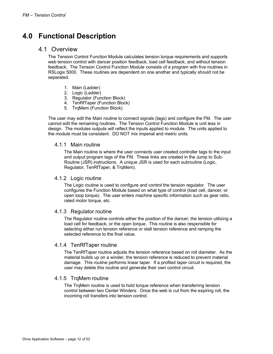 0 functional description, 1 overview | Rockwell Automation 9329 Drive Application Software Tension Control Gen. Units User Manual | Page 12 / 52