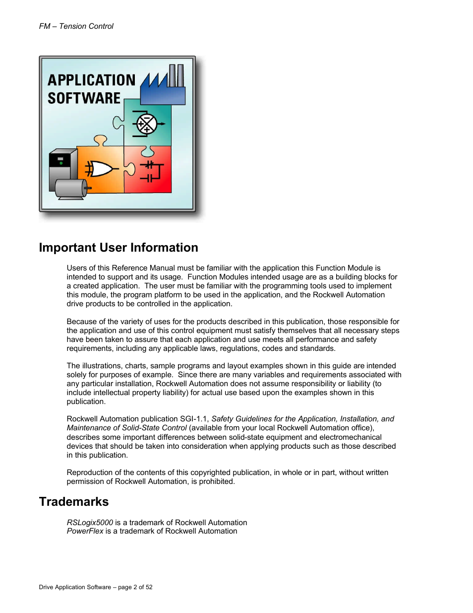 Important user information, Trademarks | Rockwell Automation 9329 Drive Application Software Tension Control Gen. Units User Manual | Page 2 / 52