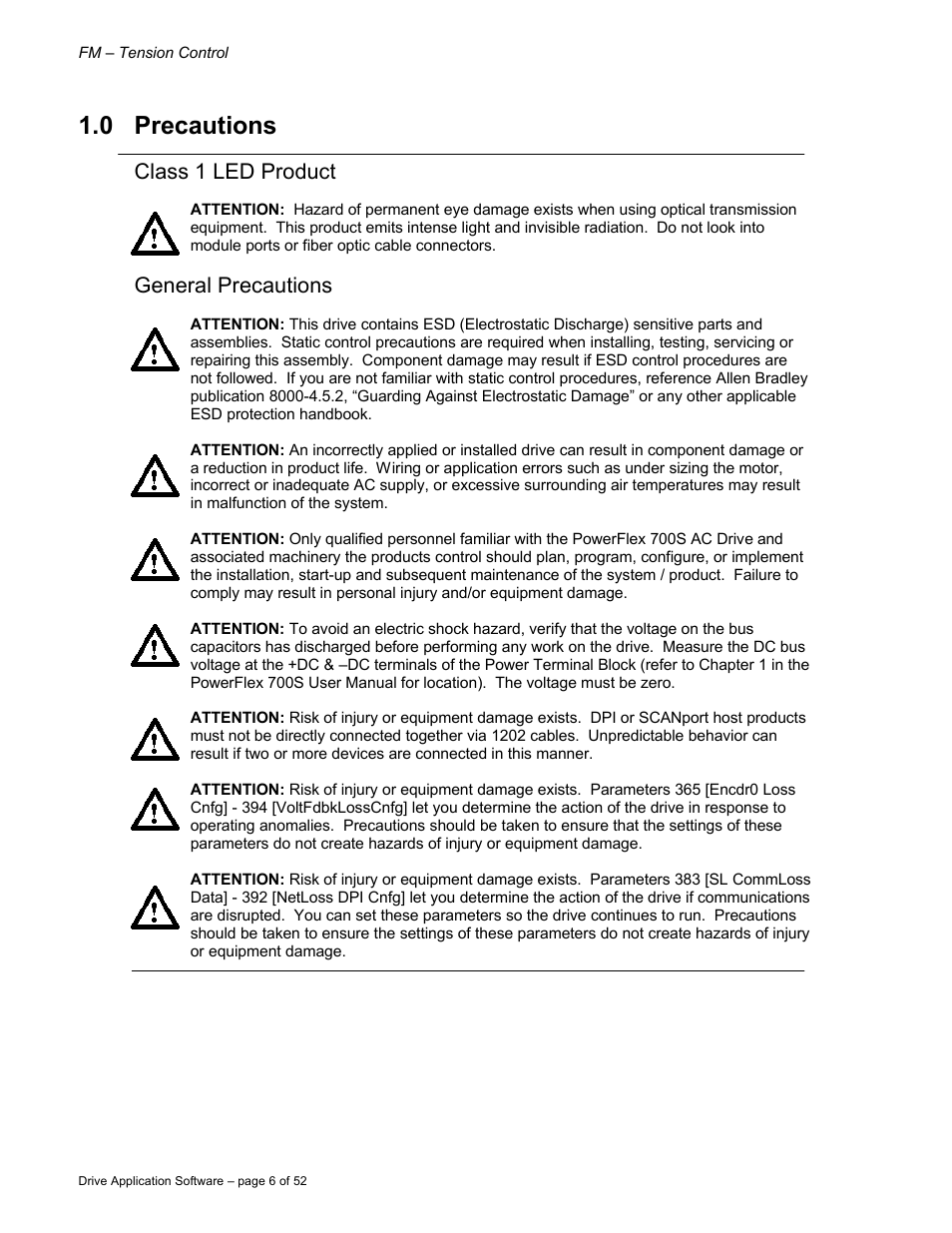 0 precautions, Class 1 led product, General precautions | Rockwell Automation 9329 Drive Application Software Tension Control Gen. Units User Manual | Page 6 / 52