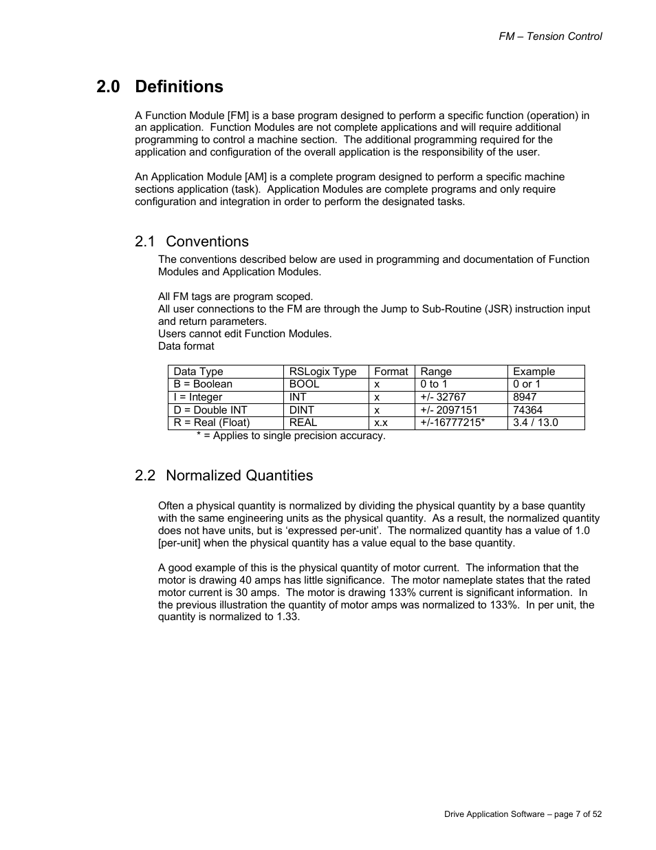 0 definitions, 1 conventions, 2 normalized quantities | Rockwell Automation 9329 Drive Application Software Tension Control Gen. Units User Manual | Page 7 / 52