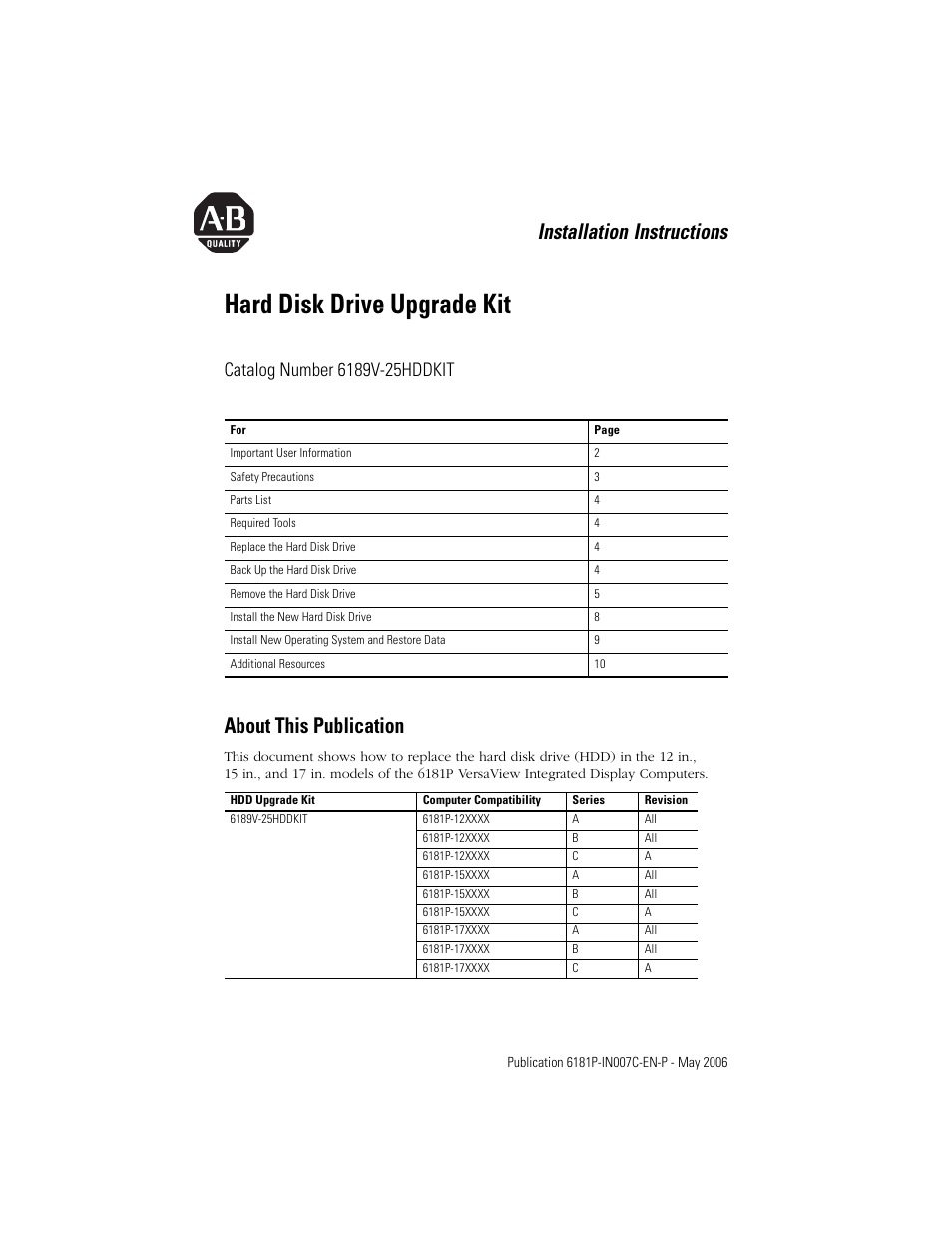 Rockwell Automation 6189V-25HDDKIT Hard Drive Upgrade Kit User Manual | 12 pages