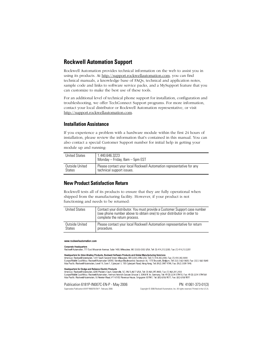 Rockwell automation support, Installation assistance, New product satisfaction return | Rockwell Automation 6189V-25HDDKIT Hard Drive Upgrade Kit User Manual | Page 12 / 12
