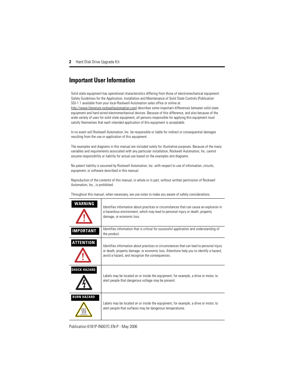 Important user information | Rockwell Automation 6189V-25HDDKIT Hard Drive Upgrade Kit User Manual | Page 2 / 12