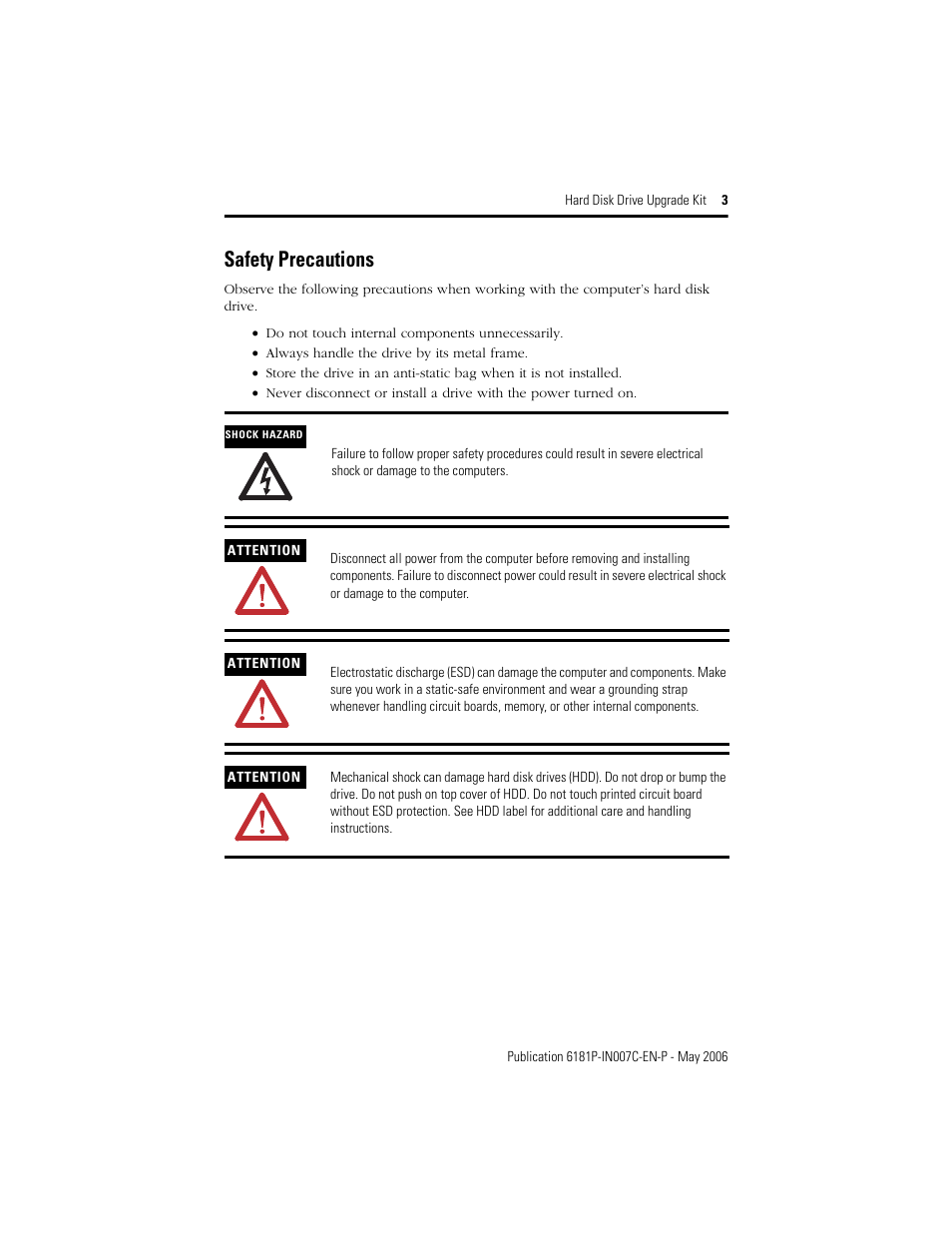 Safety precautions | Rockwell Automation 6189V-25HDDKIT Hard Drive Upgrade Kit User Manual | Page 3 / 12