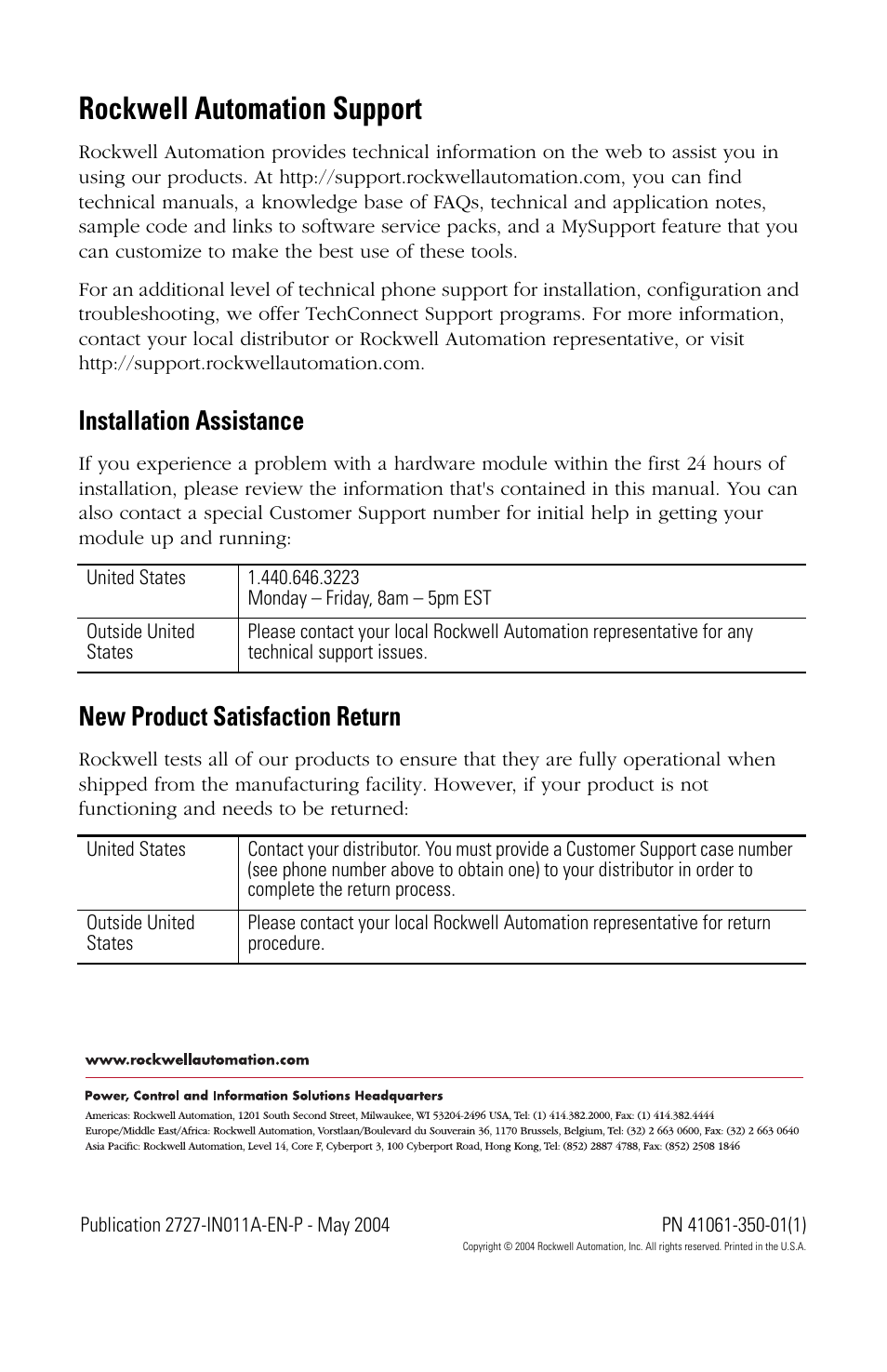 Back cover, Rockwell automation support, Installation assistance | New product satisfaction return | Rockwell Automation 2727-MREY1 MobileView Junction Box Cable User Manual | Page 4 / 4