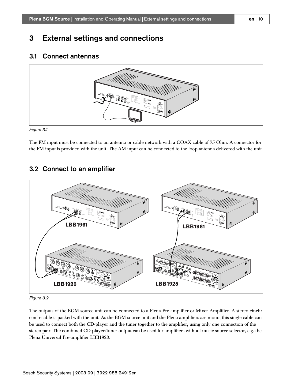 3 external settings and connections, 1 connect antennas, 2 connect to an amplifier | Connect antennas, Connect to an amplifier, 3external settings and connections, Lbb1961 | Bosch LBB 1961 User Manual | Page 10 / 16