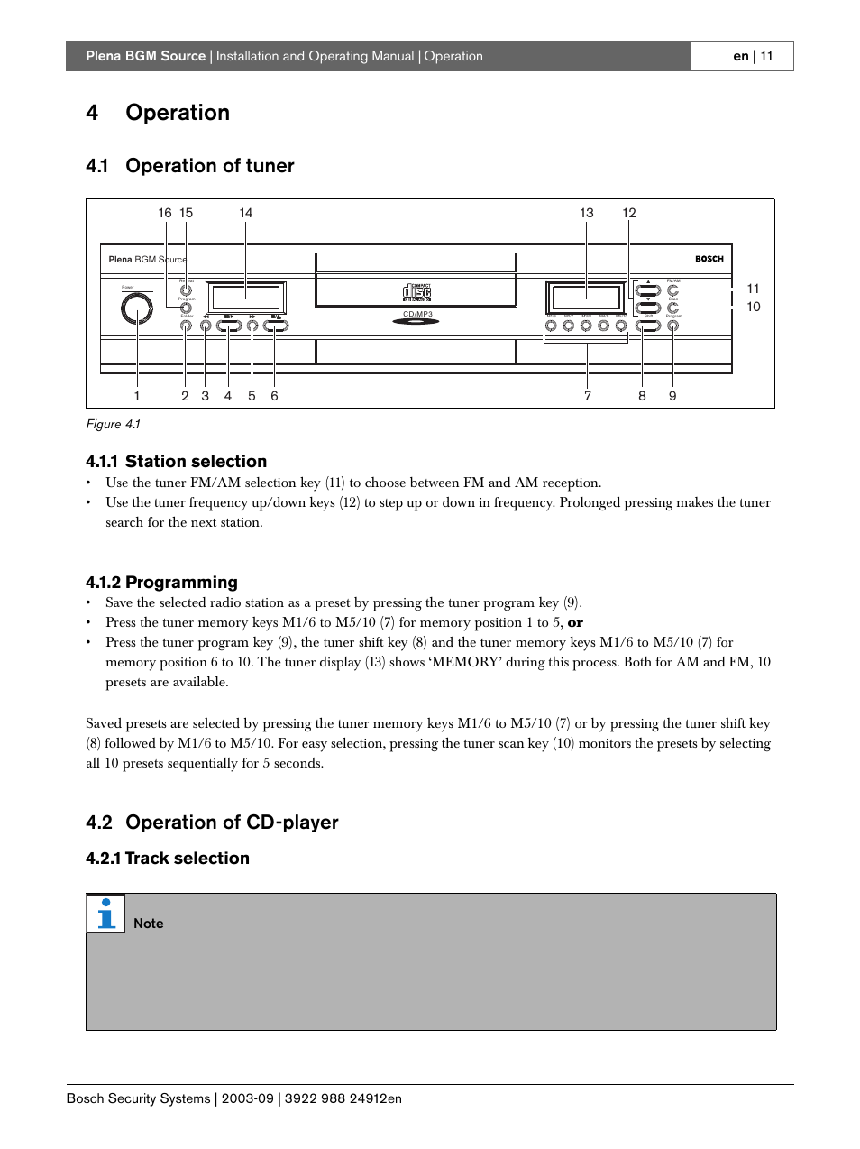 4 operation, 1 operation of tuner, 1 station selection | 2 programming, 2 operation of cd-player, 1 track selection, Operation of tuner, Station selection, Programming, Operation of cd-player | Bosch LBB 1961 User Manual | Page 11 / 16