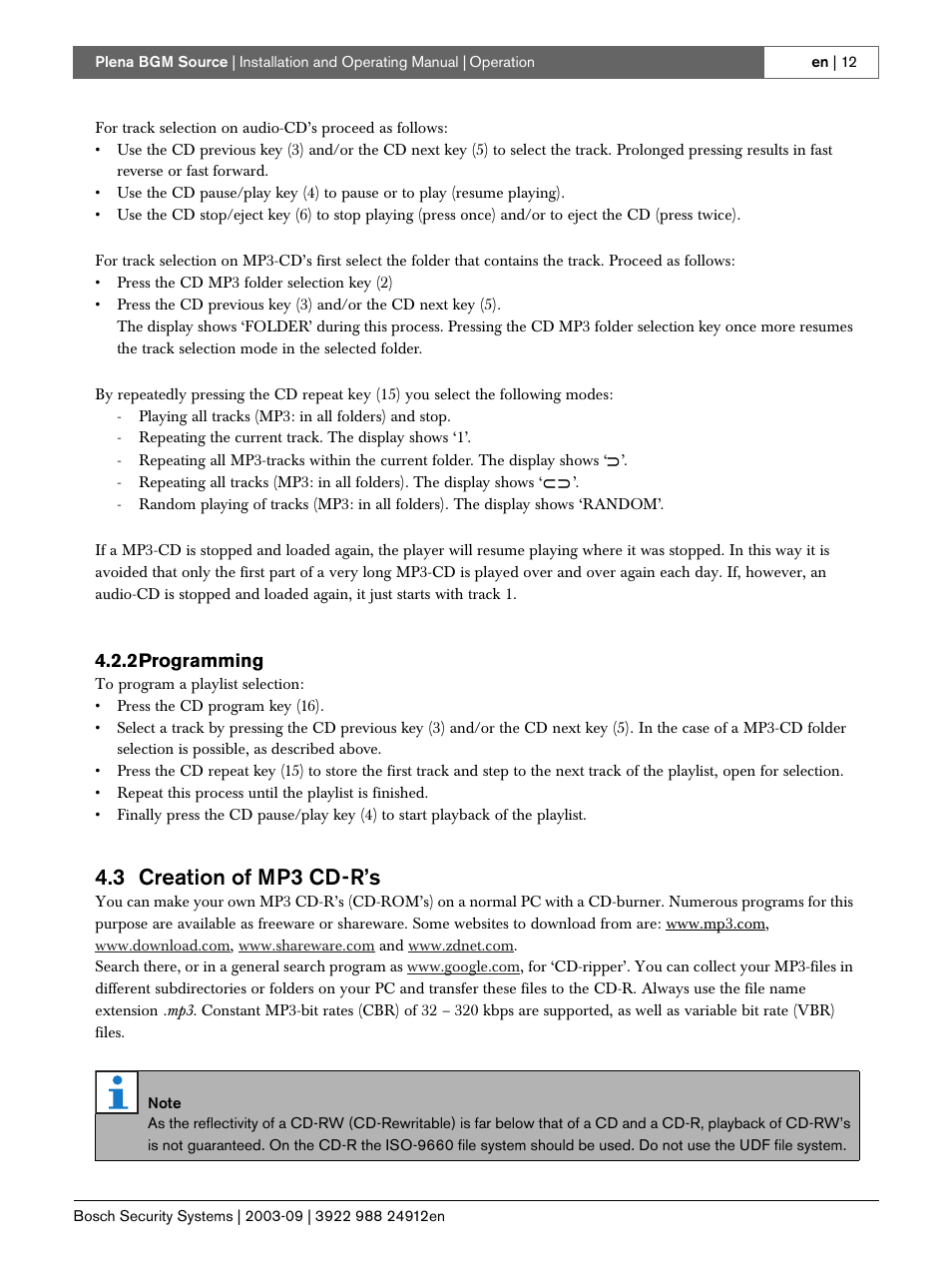 2 programming, 3 creation of mp3 cd-r’s, Programming | Creation of mp3 cd-r’s, 2programming | Bosch LBB 1961 User Manual | Page 12 / 16