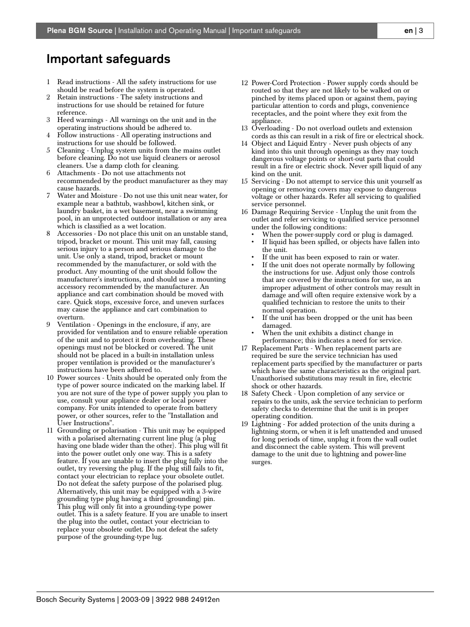 Important safeguards | Bosch LBB 1961 User Manual | Page 3 / 16