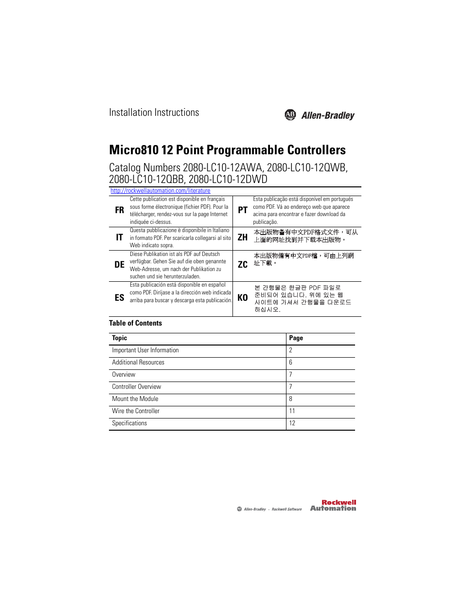 Rockwell Automation 2080-LC10-12AWA_12QWB_12QBB_12DWD Micro810 12 Point 24V/12V DC Programmable Controllers User Manual | 20 pages