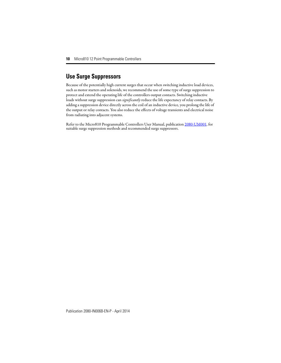 Use surge suppressors | Rockwell Automation 2080-LC10-12AWA_12QWB_12QBB_12DWD Micro810 12 Point 24V/12V DC Programmable Controllers User Manual | Page 10 / 20