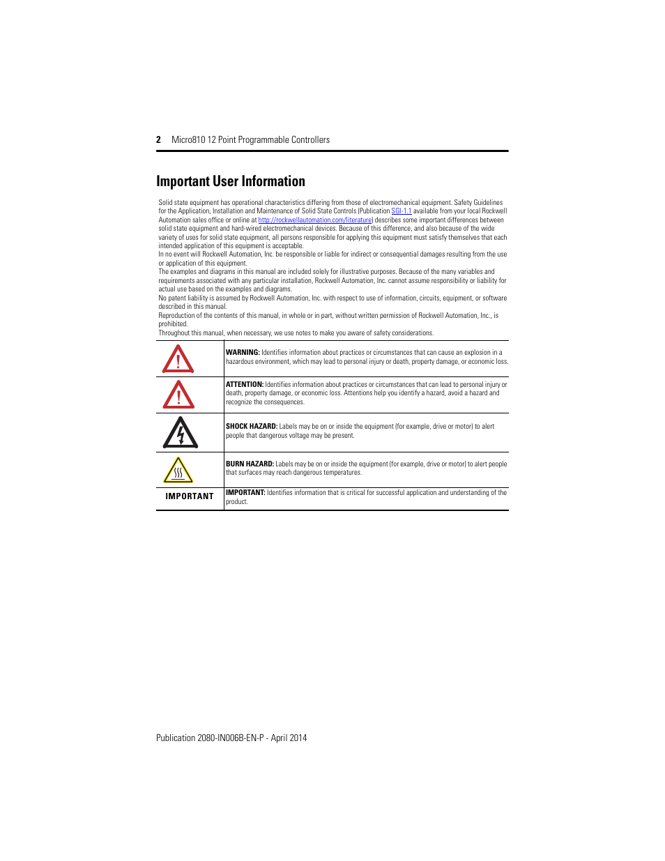 Important user information | Rockwell Automation 2080-LC10-12AWA_12QWB_12QBB_12DWD Micro810 12 Point 24V/12V DC Programmable Controllers User Manual | Page 2 / 20