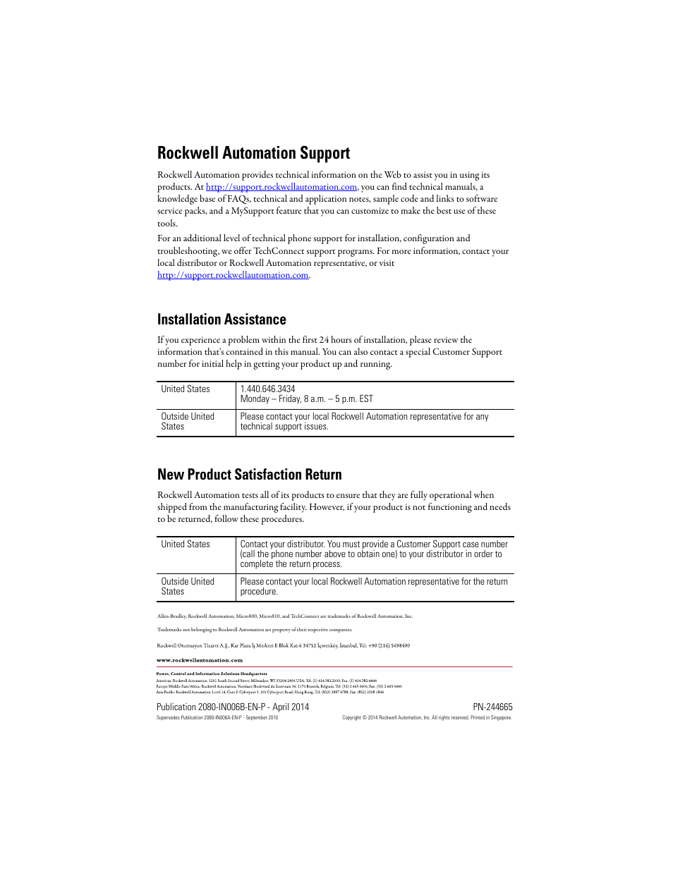 Rockwell automation support, Installation assistance, New product satisfaction return | Rockwell Automation 2080-LC10-12AWA_12QWB_12QBB_12DWD Micro810 12 Point 24V/12V DC Programmable Controllers User Manual | Page 20 / 20