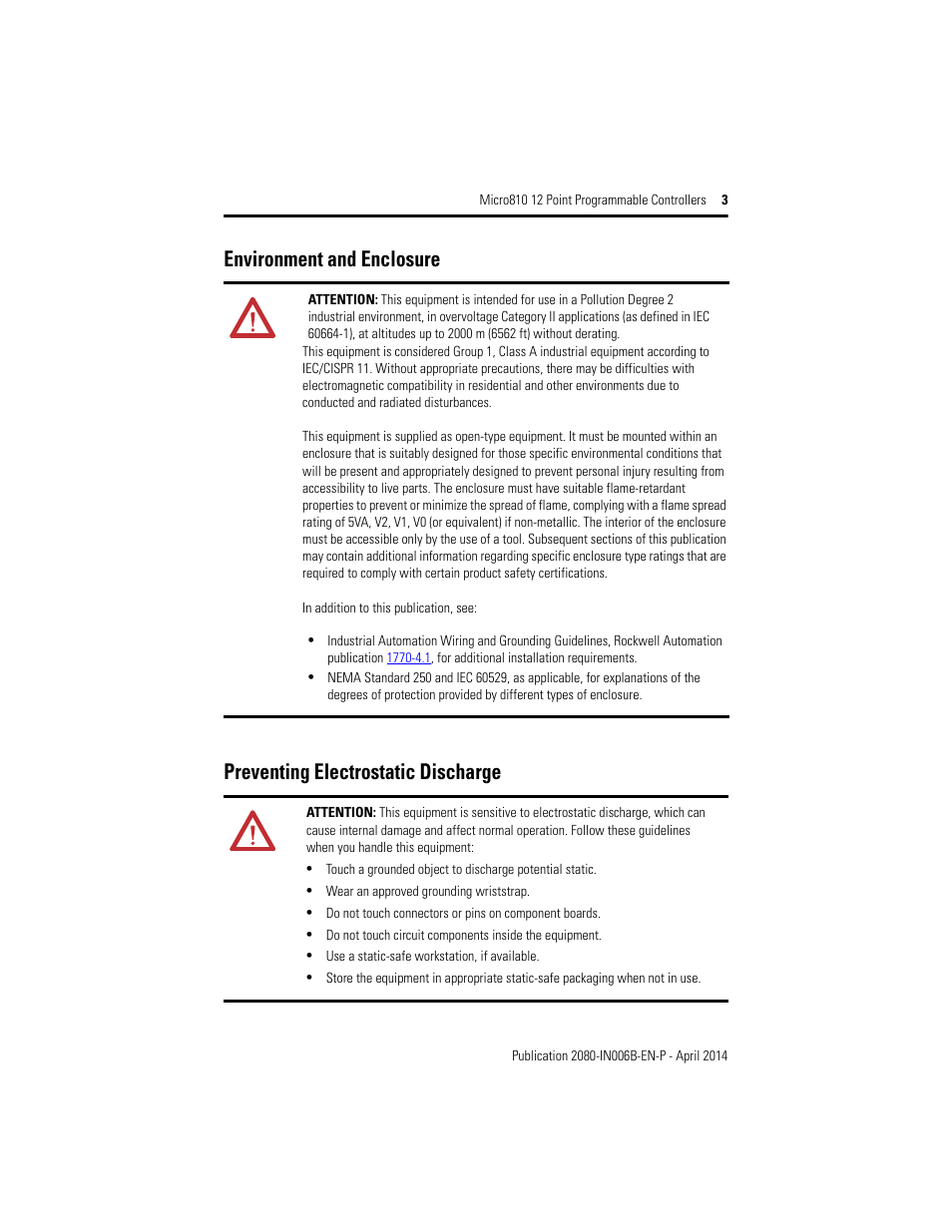 Environment and enclosure, Preventing electrostatic discharge | Rockwell Automation 2080-LC10-12AWA_12QWB_12QBB_12DWD Micro810 12 Point 24V/12V DC Programmable Controllers User Manual | Page 3 / 20