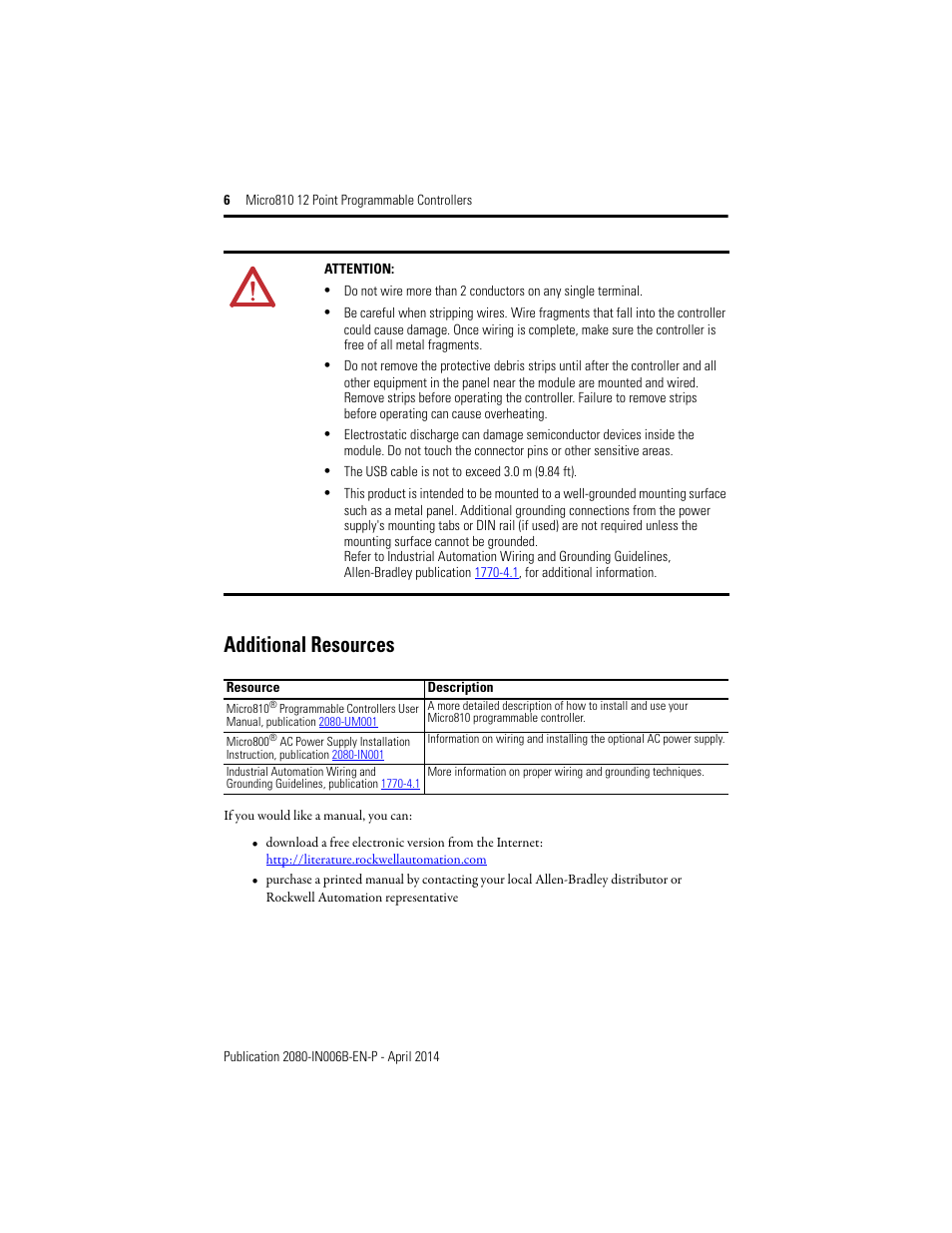 Additional resources | Rockwell Automation 2080-LC10-12AWA_12QWB_12QBB_12DWD Micro810 12 Point 24V/12V DC Programmable Controllers User Manual | Page 6 / 20