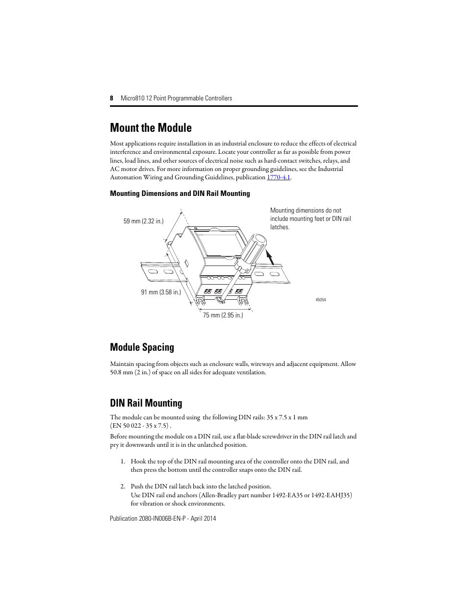 Mount the module, Module spacing, Din rail mounting | Rockwell Automation 2080-LC10-12AWA_12QWB_12QBB_12DWD Micro810 12 Point 24V/12V DC Programmable Controllers User Manual | Page 8 / 20