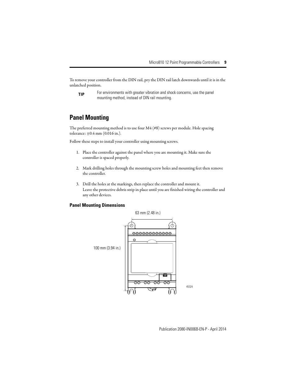 Panel mounting | Rockwell Automation 2080-LC10-12AWA_12QWB_12QBB_12DWD Micro810 12 Point 24V/12V DC Programmable Controllers User Manual | Page 9 / 20