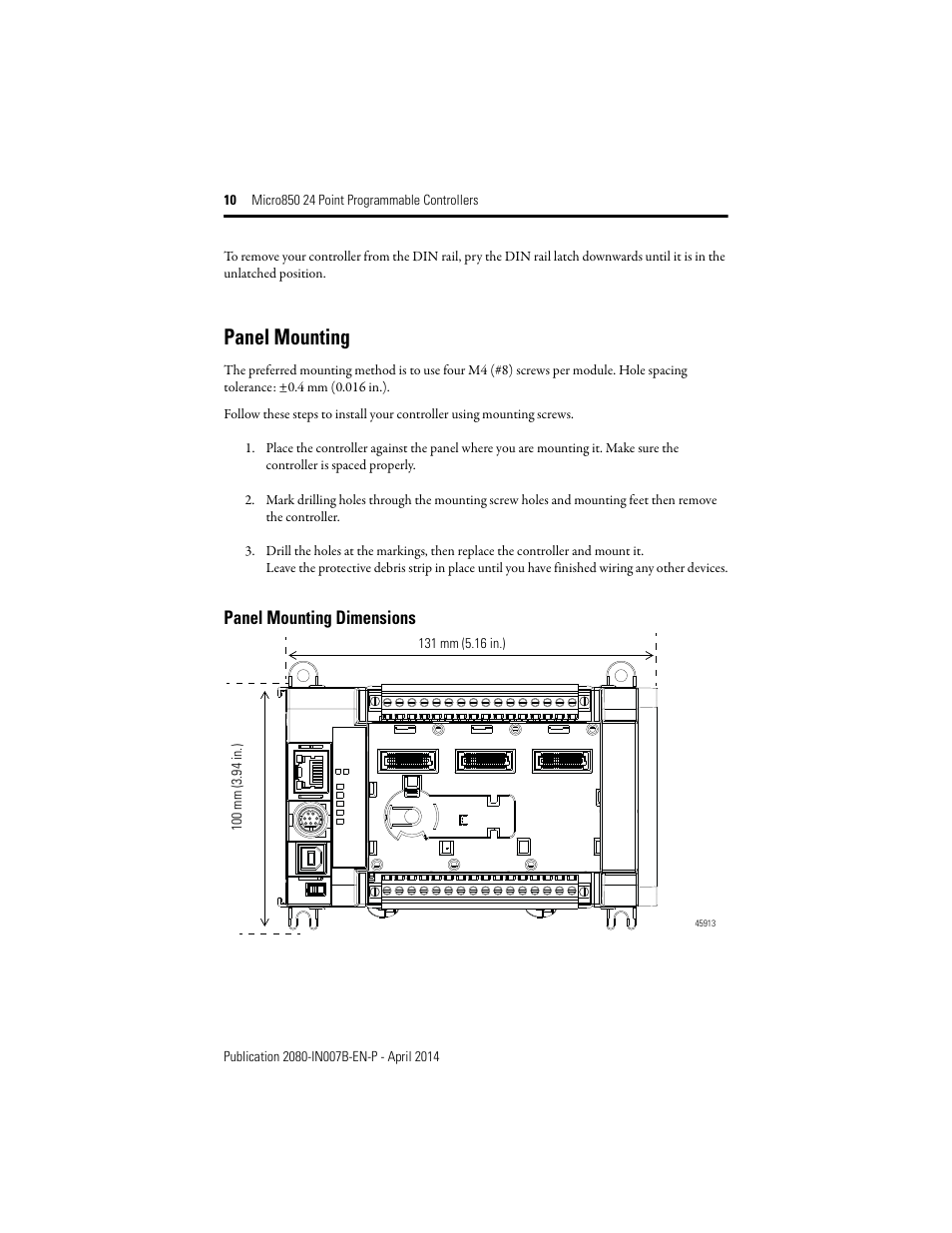 Panel mounting, Panel mounting dimensions | Rockwell Automation 2080-LC50-24AWB_24QBB_24QVB_24QWB Micro850 24-Point Programmable Controllers Installation Instructions User Manual | Page 10 / 20