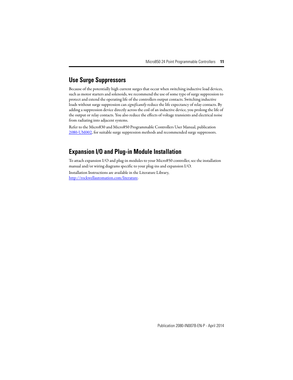 Use surge suppressors, Expansion i/o and plug-in module installation | Rockwell Automation 2080-LC50-24AWB_24QBB_24QVB_24QWB Micro850 24-Point Programmable Controllers Installation Instructions User Manual | Page 11 / 20