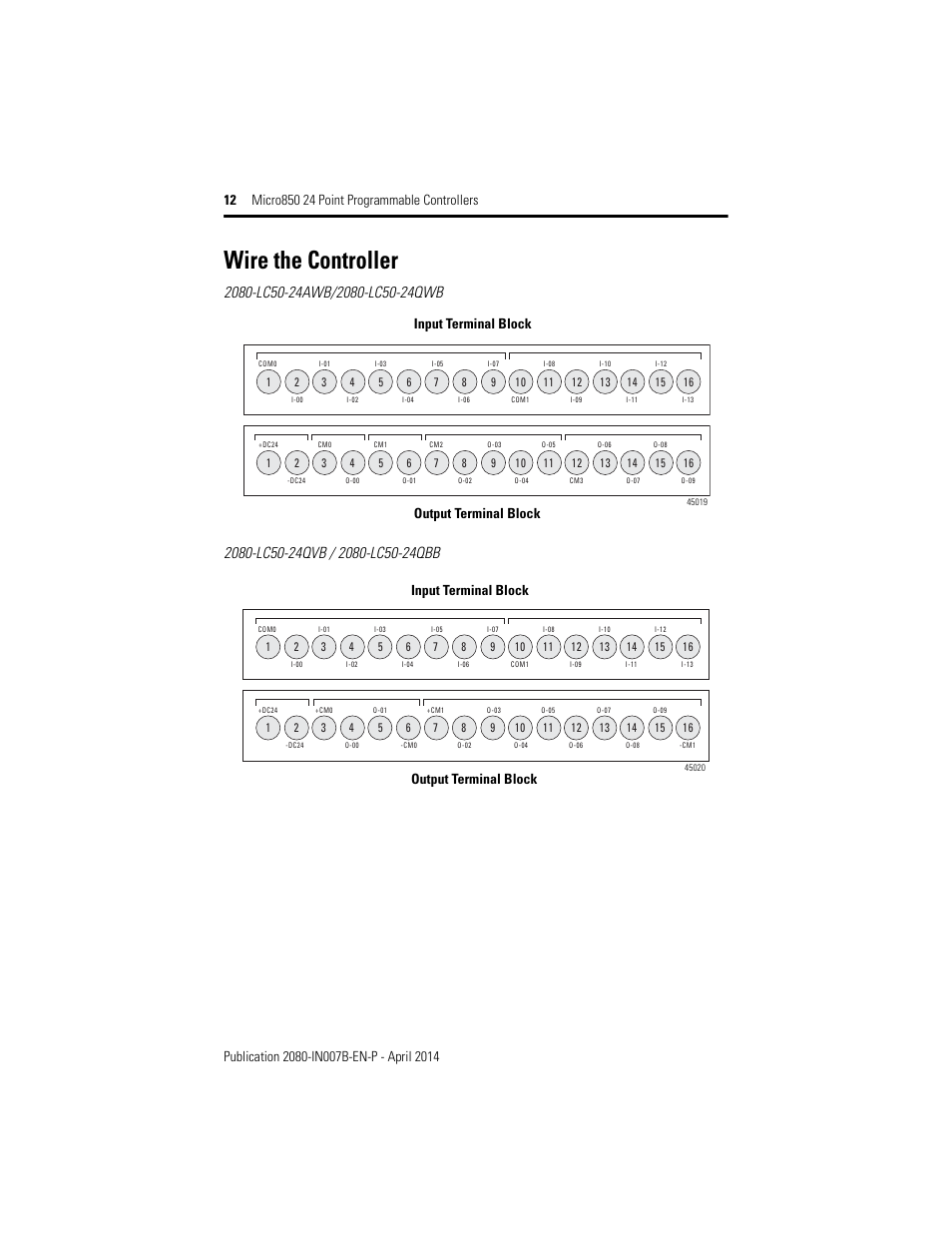 Wire the controller, Input terminal block output terminal block | Rockwell Automation 2080-LC50-24AWB_24QBB_24QVB_24QWB Micro850 24-Point Programmable Controllers Installation Instructions User Manual | Page 12 / 20