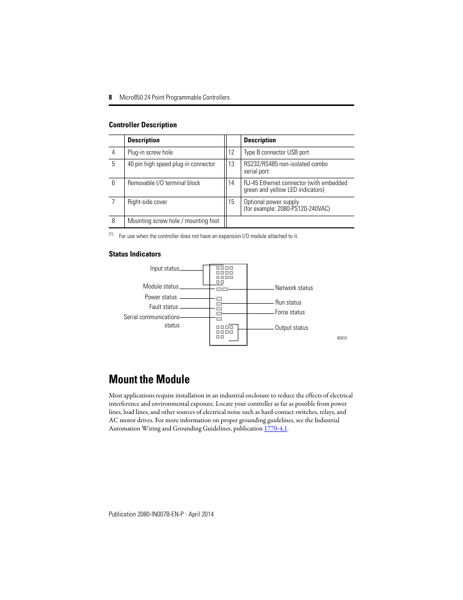 Mount the module, Status indicators | Rockwell Automation 2080-LC50-24AWB_24QBB_24QVB_24QWB Micro850 24-Point Programmable Controllers Installation Instructions User Manual | Page 8 / 20