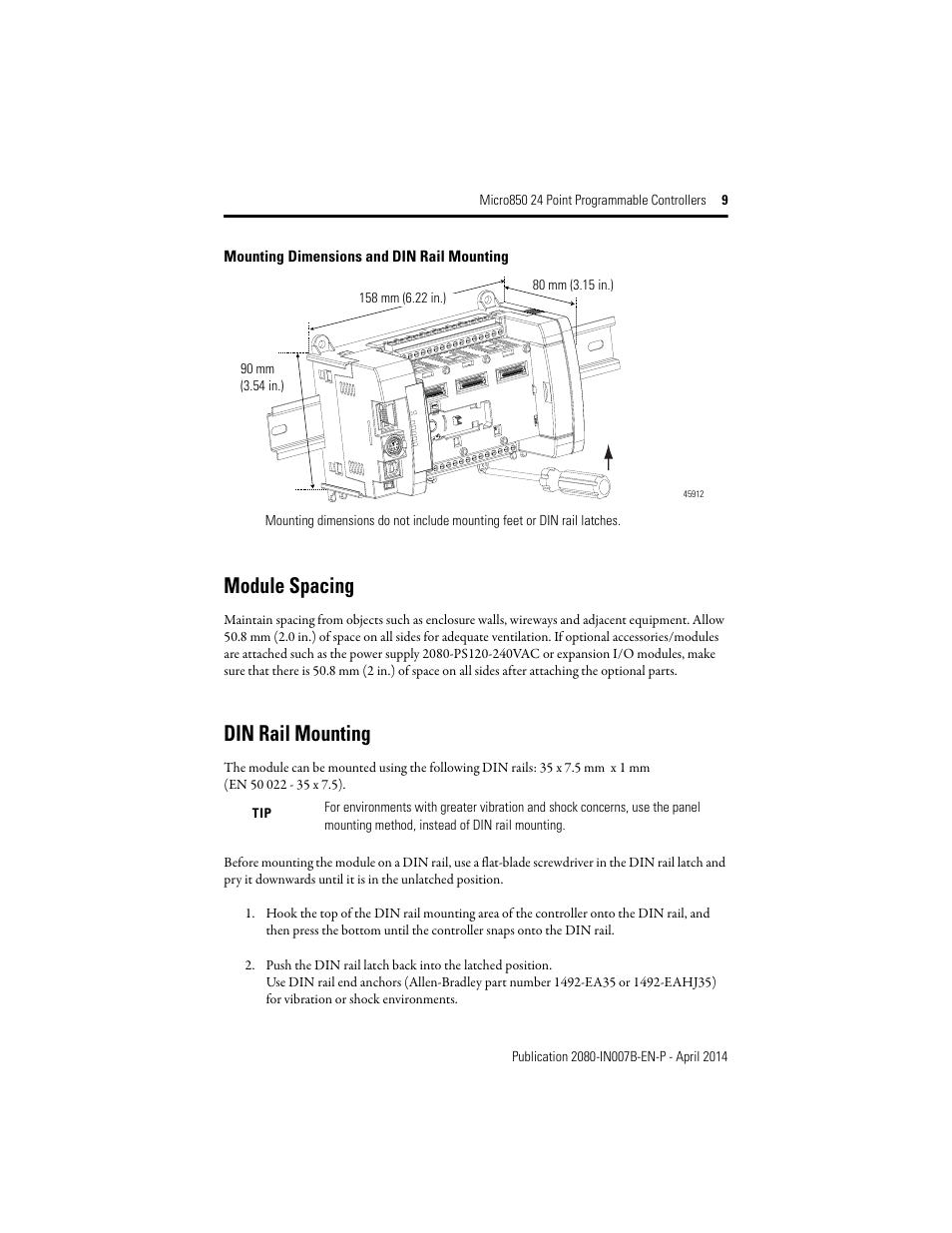 Module spacing, Din rail mounting | Rockwell Automation 2080-LC50-24AWB_24QBB_24QVB_24QWB Micro850 24-Point Programmable Controllers Installation Instructions User Manual | Page 9 / 20