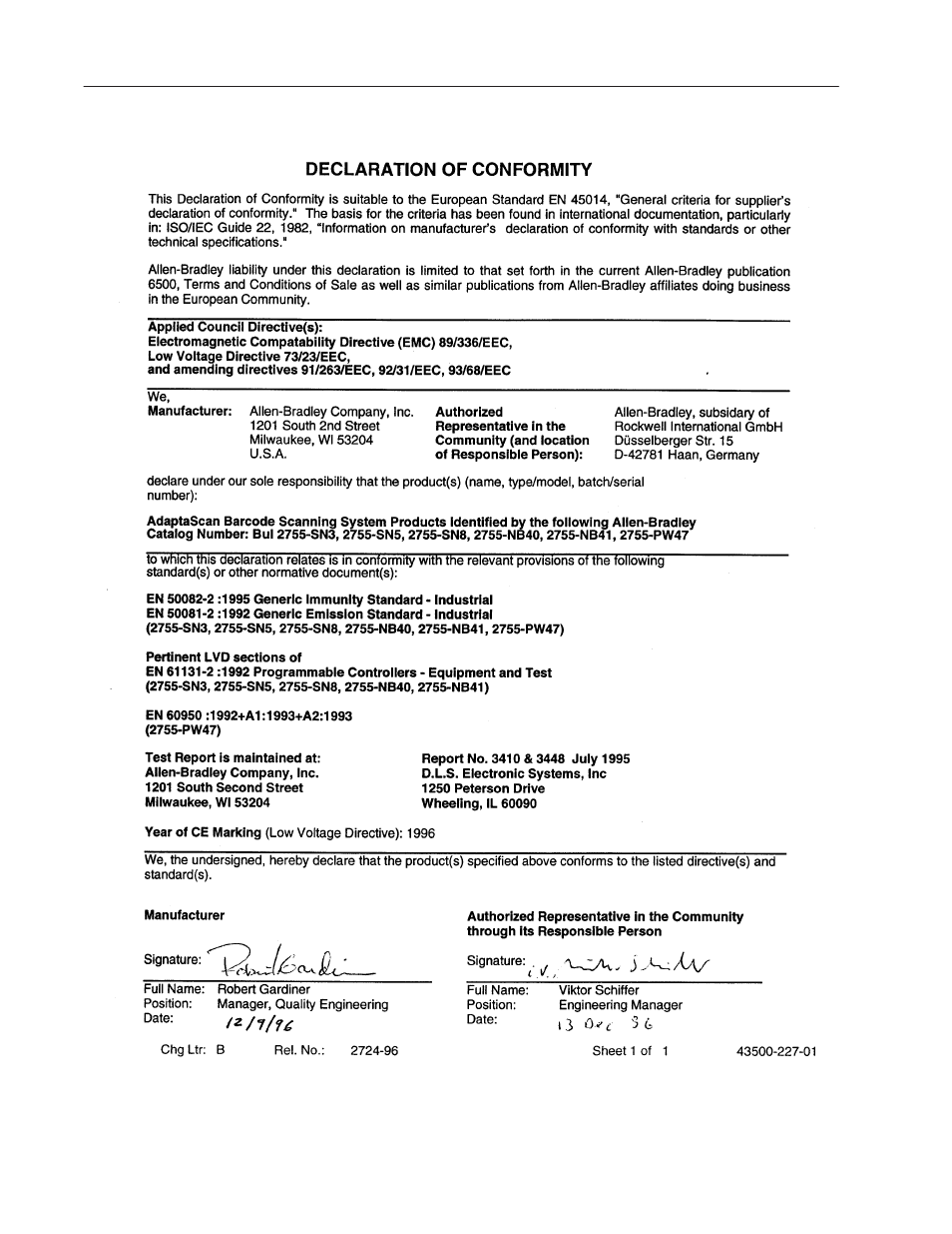 Declaration of conformity | Rockwell Automation 2755 AdaptaScan Bar Code Readers User Manual | Page 78 / 96