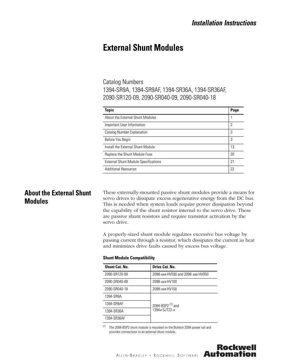 Rockwell Automation 2090-SRxxx External Shunt Modules Installation Instructions User Manual | 24 pages