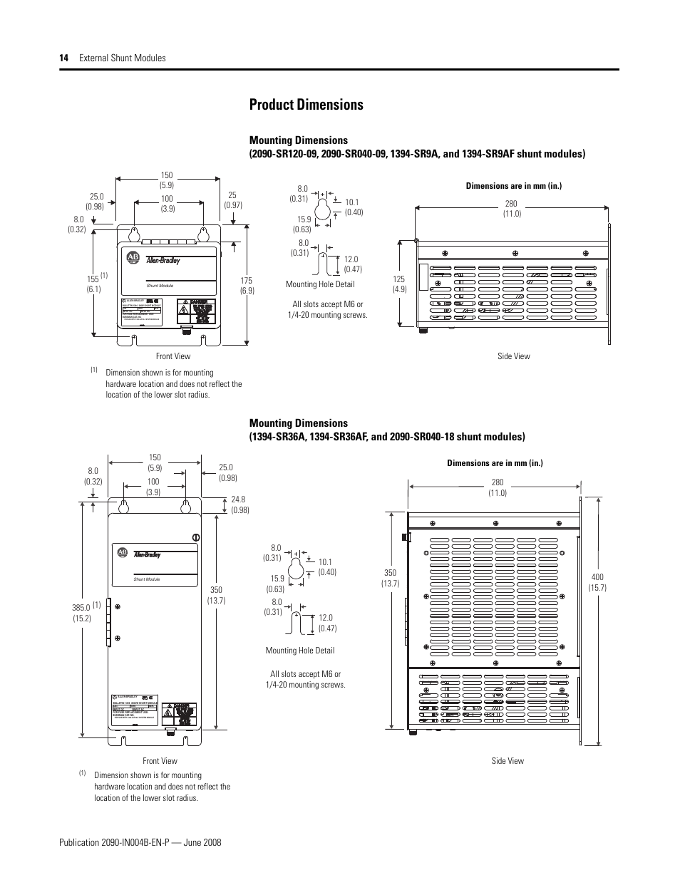 Product dimensions | Rockwell Automation 2090-SRxxx External Shunt Modules Installation Instructions User Manual | Page 14 / 24