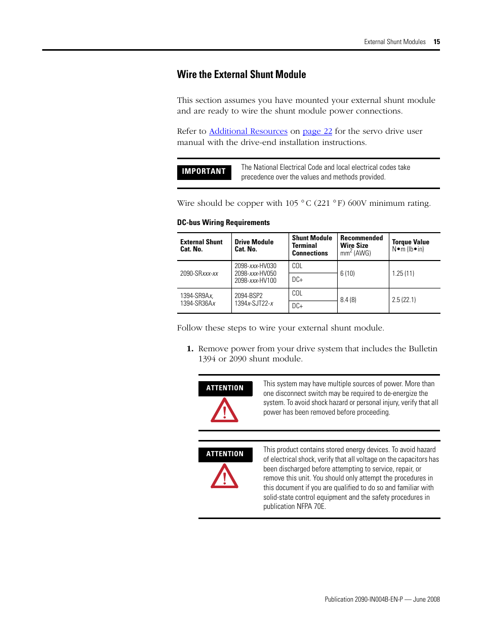 Wire the external shunt module | Rockwell Automation 2090-SRxxx External Shunt Modules Installation Instructions User Manual | Page 15 / 24