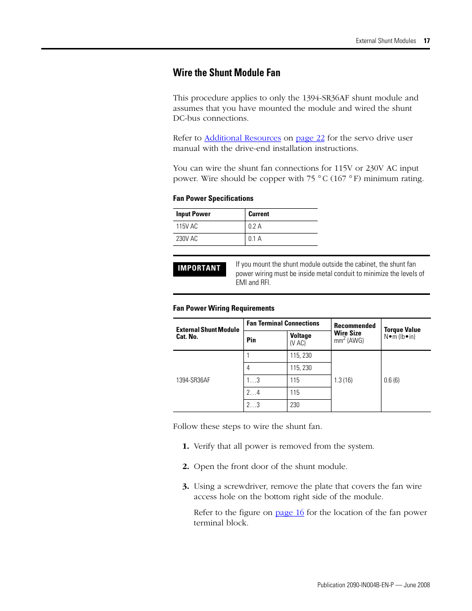 Wire the shunt module fan | Rockwell Automation 2090-SRxxx External Shunt Modules Installation Instructions User Manual | Page 17 / 24