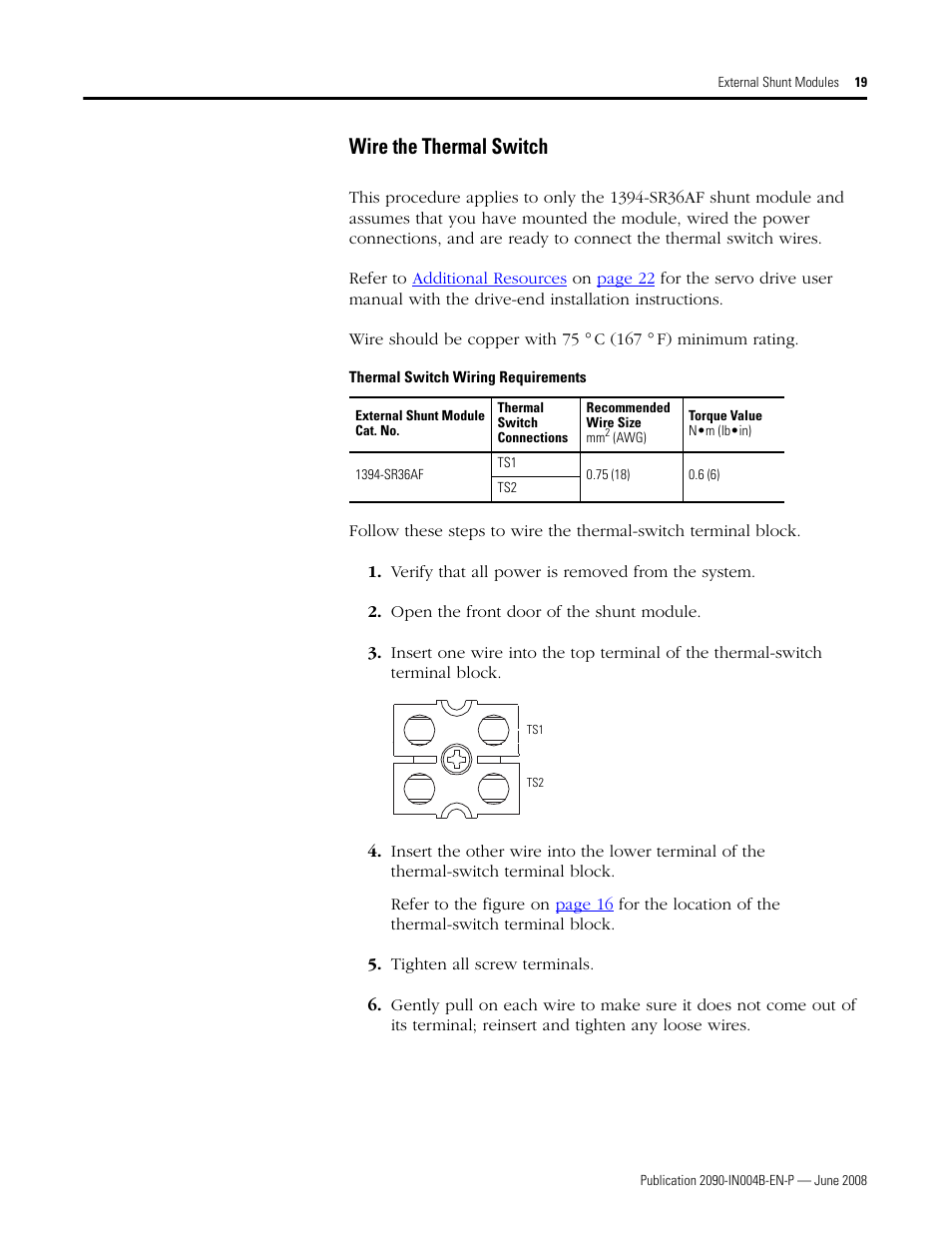 Wire the thermal switch | Rockwell Automation 2090-SRxxx External Shunt Modules Installation Instructions User Manual | Page 19 / 24